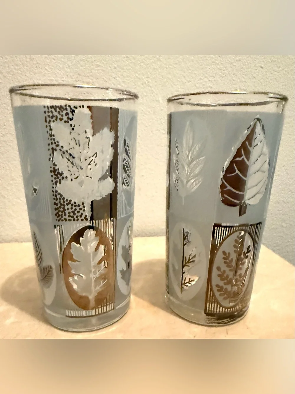 2 MCM Libbey Riviera Highball, Blue Frosted Silver Leaf Foliage Cocktail glasses